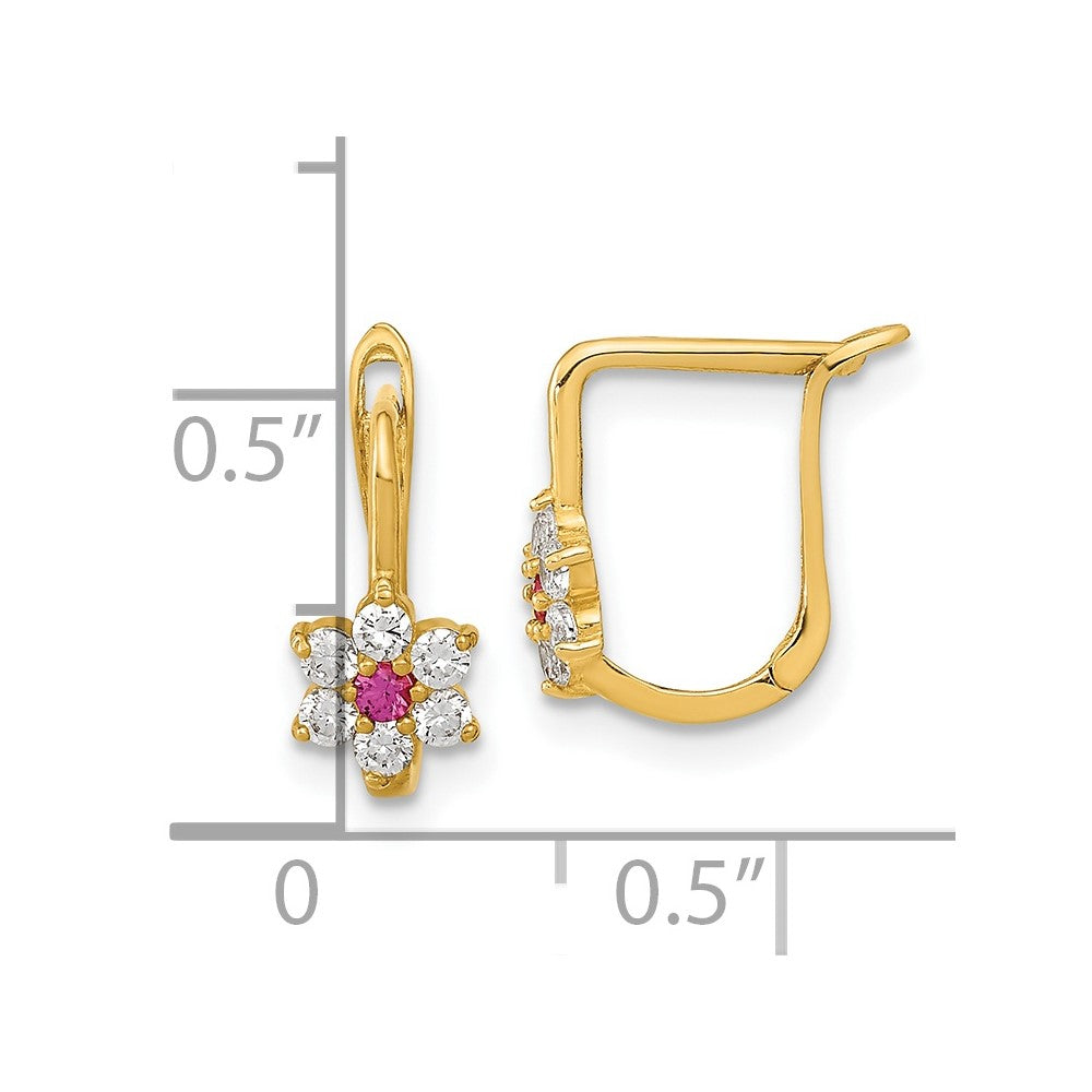 14K Yellow Gold Polished Red And White Cz Flower Hoop Earrings