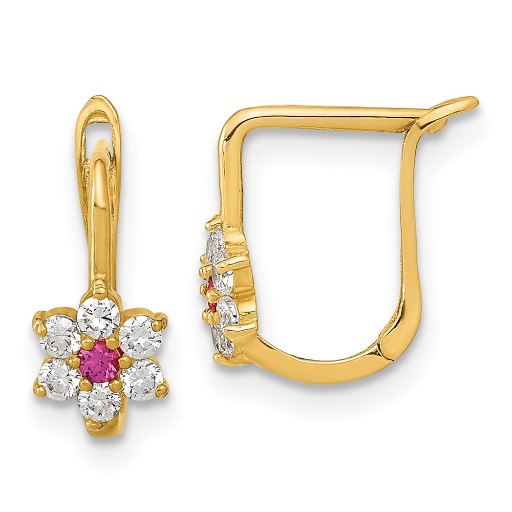 14K Yellow Gold Polished Red And White Cz Flower Hoop Earrings