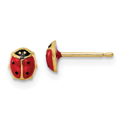 14K Yellow Gold Polished Enameled Small Ladybug Post Earrings