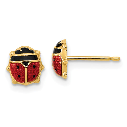 14K Yellow Gold Red/Black Enamel Ladybug Post Earrings