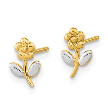 14K Yellow & Rhodium And Flower Post Earrings