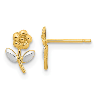 14K Yellow & Rhodium And Flower Post Earrings