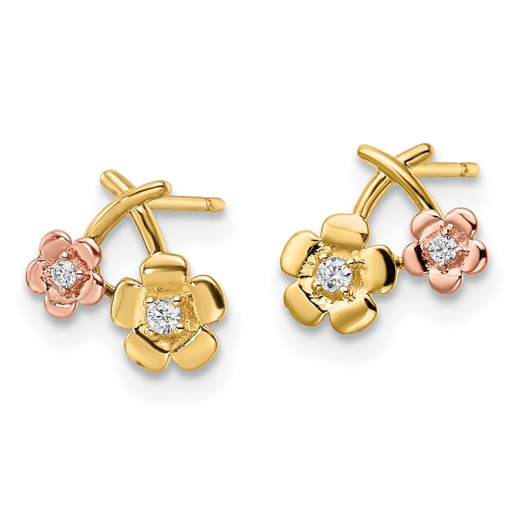 14K Two Tone Cz Flowers Post Earrings