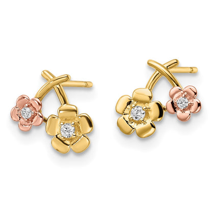 14K Two Tone Cz Flowers Post Earrings