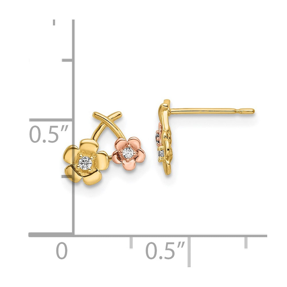 14K Two Tone Cz Flowers Post Earrings