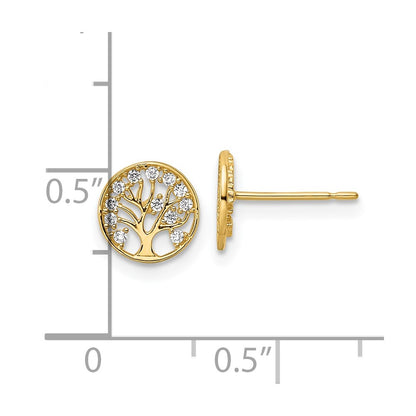 14K Yellow Gold Cz Tree Of Life Post Earrings