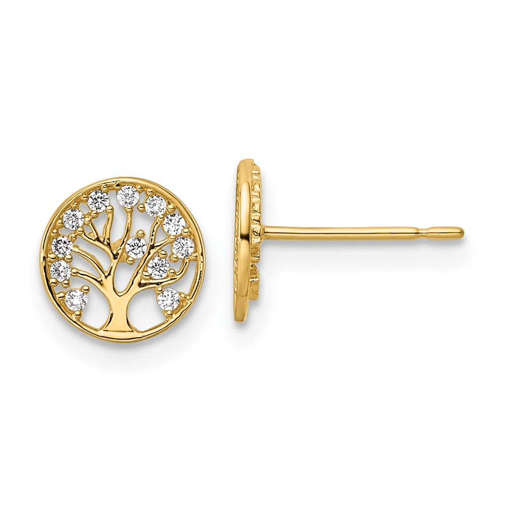 14K Yellow Gold Cz Tree Of Life Post Earrings