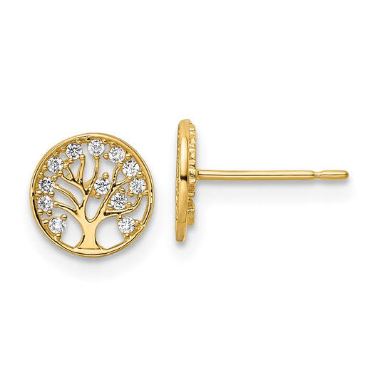 14K Yellow Gold Cz Tree Of Life Post Earrings