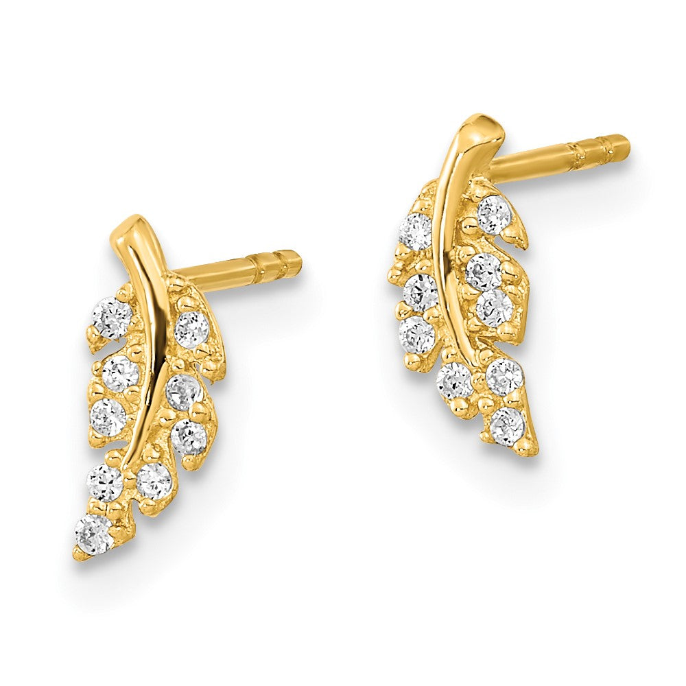 14K Yellow Gold Polished Leaf Cz Post Earrings