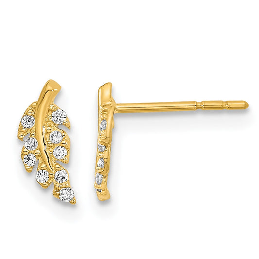 14K Yellow Gold Polished Leaf Cz Post Earrings