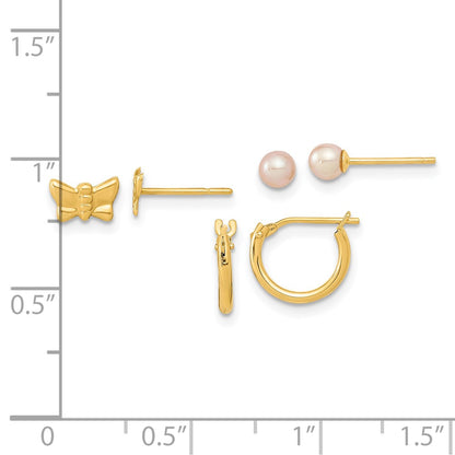 14K Yellow Gold Butterfly Fw Cultured Pearl And Hoop 3 Pair Earrings Set