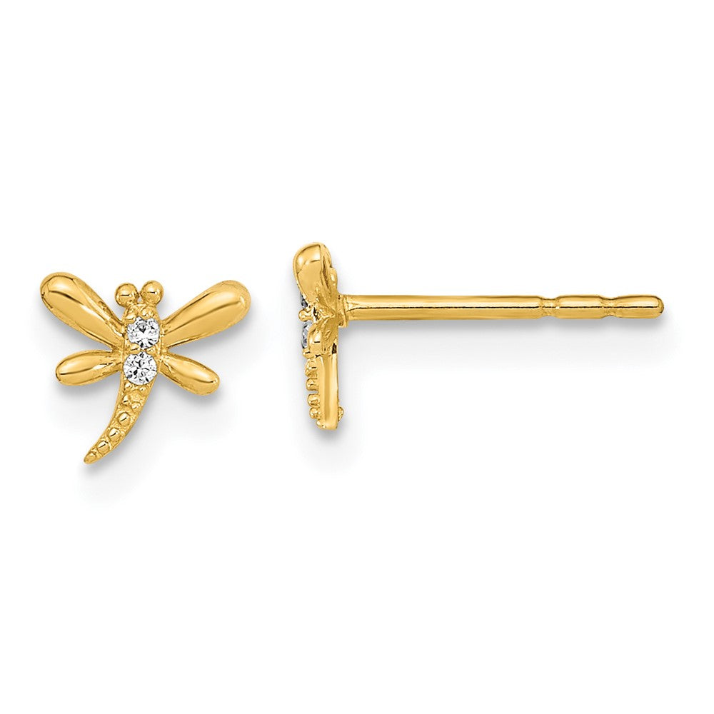 14K Yellow Gold Polished Dragonfly With Cz Post Earrings