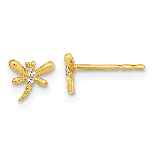 14K Yellow Gold Polished Dragonfly With Cz Post Earrings