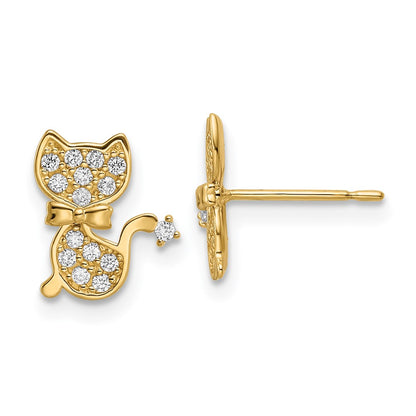 14K Yellow Gold Cz Cat Post Earrings
