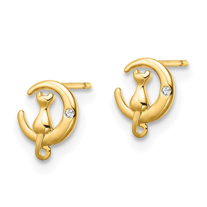 14K Yellow Gold Cz Cat On The Moon Post Earrings