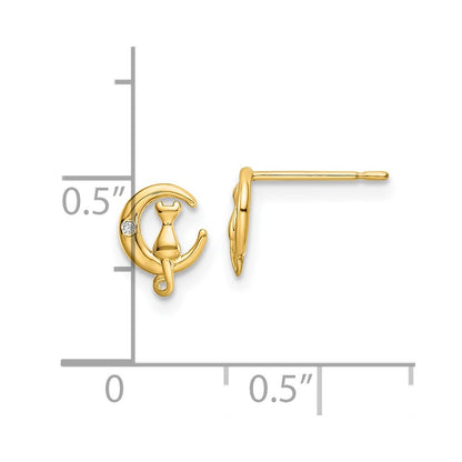 14K Yellow Gold Cz Cat On The Moon Post Earrings