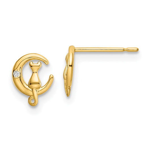 14K Yellow Gold Cz Cat On The Moon Post Earrings