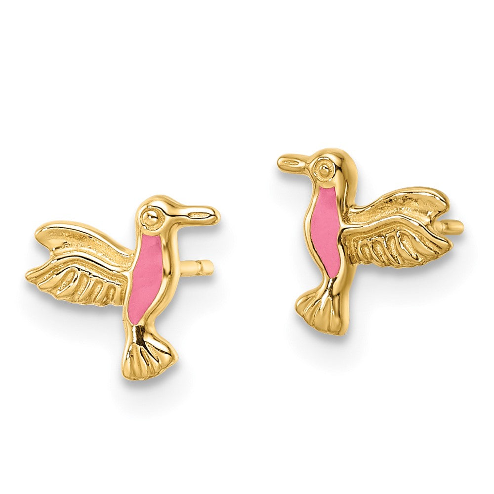 14K Yellow Gold Pink Enamel Hummingbird Post Earrings