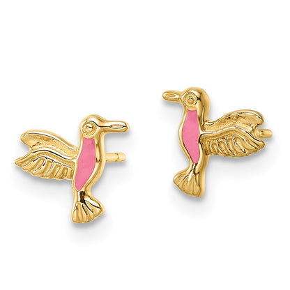 14K Yellow Gold Pink Enamel Hummingbird Post Earrings