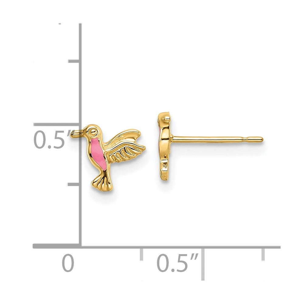 14K Yellow Gold Pink Enamel Hummingbird Post Earrings