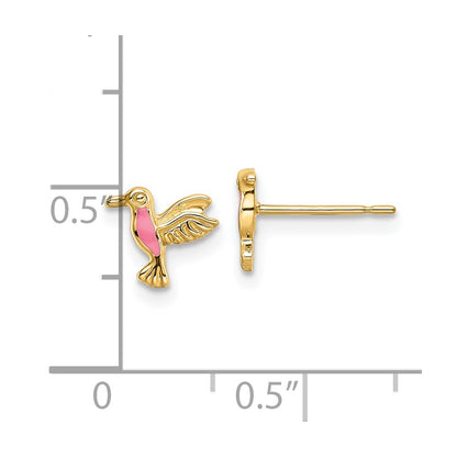 14K Yellow Gold Pink Enamel Hummingbird Post Earrings