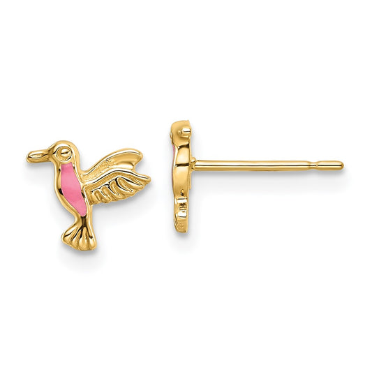 14K Yellow Gold Pink Enamel Hummingbird Post Earrings