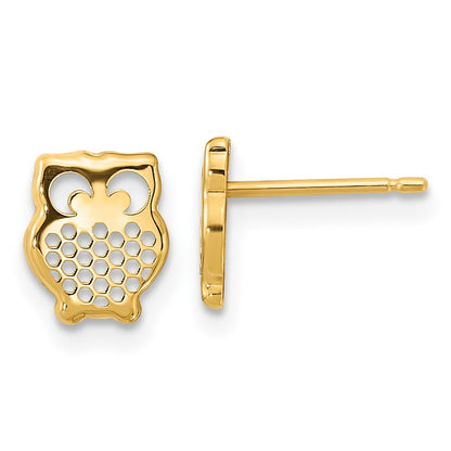 14K Yellow Gold Textured Owl Post Earrings