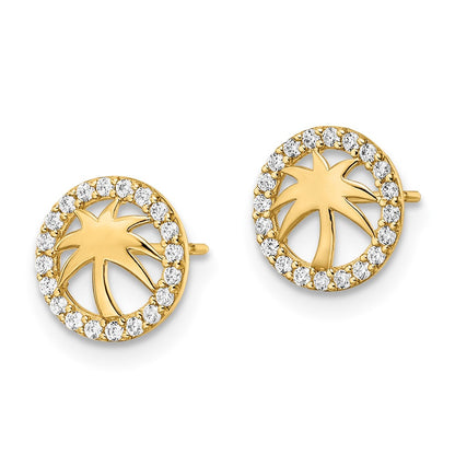 14K Yellow Gold Cz Palm Tree Post Earrings