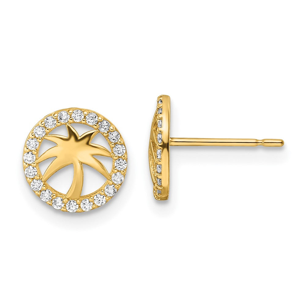 14K Yellow Gold Cz Palm Tree Post Earrings