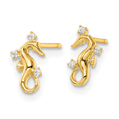 14K Yellow Gold Polished Cz Seahorse Post Earrings
