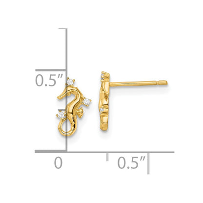 14K Yellow Gold Polished Cz Seahorse Post Earrings