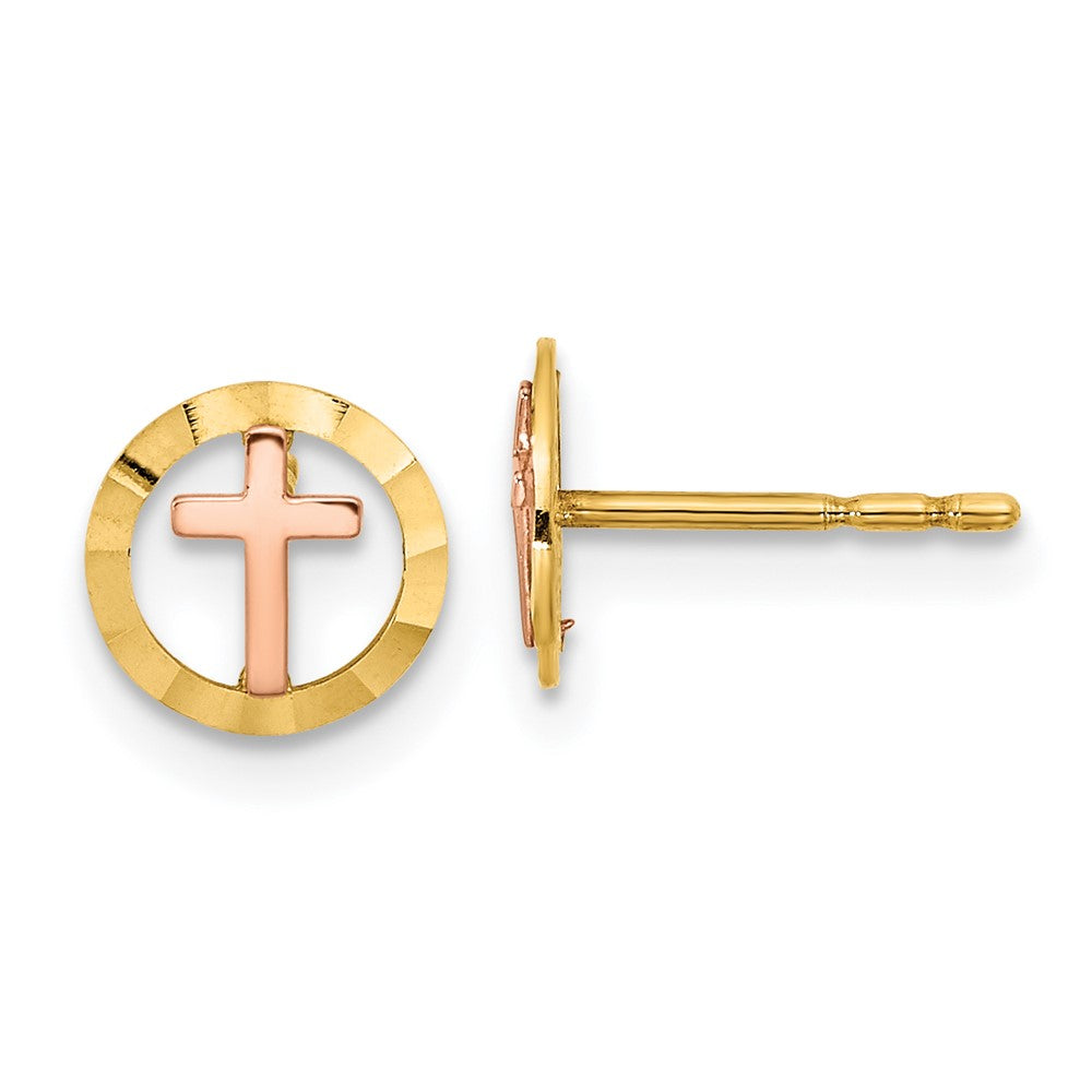 14K Two Tone Circle With Cross Post Earrings