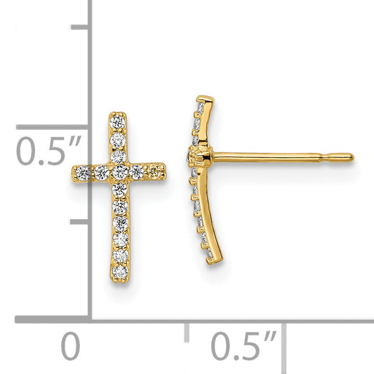 14K Yellow Gold Cz Cross Post Earrings