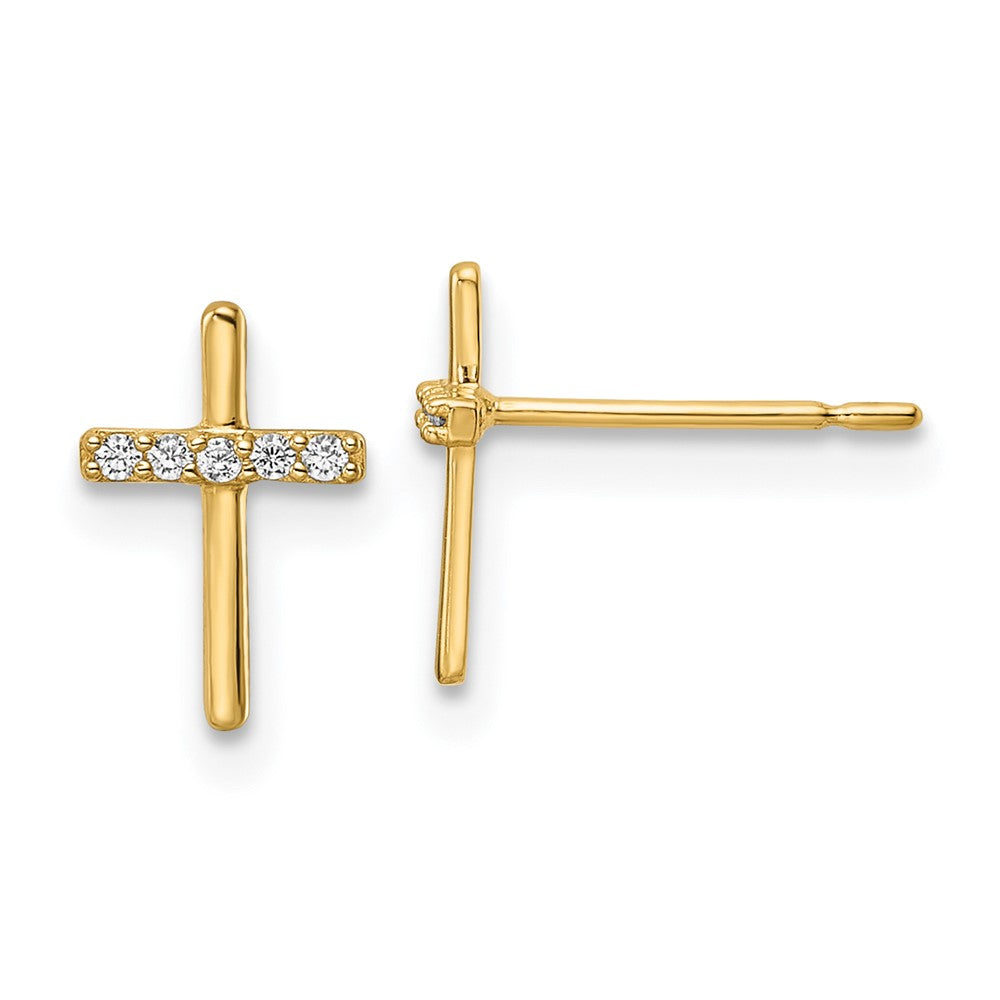 14K Yellow Gold Cz Cross Post Earrings