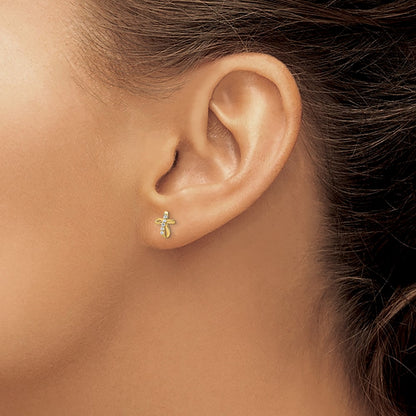 14K Yellow Gold Cz Cross Post Earrings
