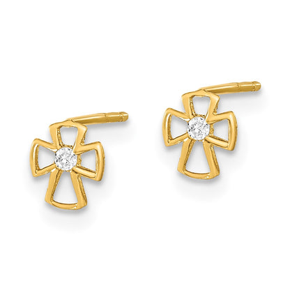 14K Yellow Gold Polished Set Of Ball Post Cross And Cz Bezel 3 Pair Earrings
