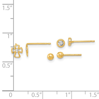 14K Yellow Gold Polished Set Of Ball Post Cross And Cz Bezel 3 Pair Earrings