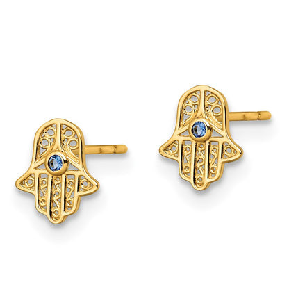 14K Yellow Gold Blue Glass Stone Hamsa Post Earrings