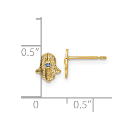 14K Yellow Gold Blue Glass Stone Hamsa Post Earrings