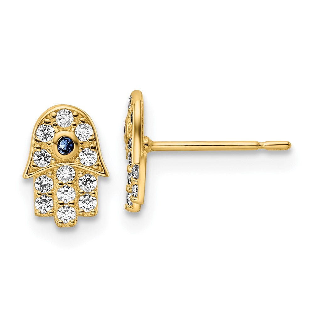 14K Yellow Gold Cz & Blue Glass Stone Hamsa Post Earrings