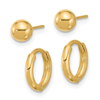 14K Yellow Gold Polished 5mm Ball and Hinged Hoop Earring Set