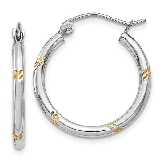 14K White Gold And Yellow Rhodium D/C Hoop Earrings