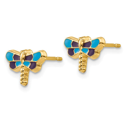 14K Yellow Gold Enameled Dragonfly Earrings