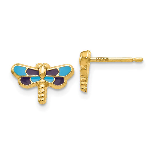 14K Yellow Gold Enameled Dragonfly Earrings