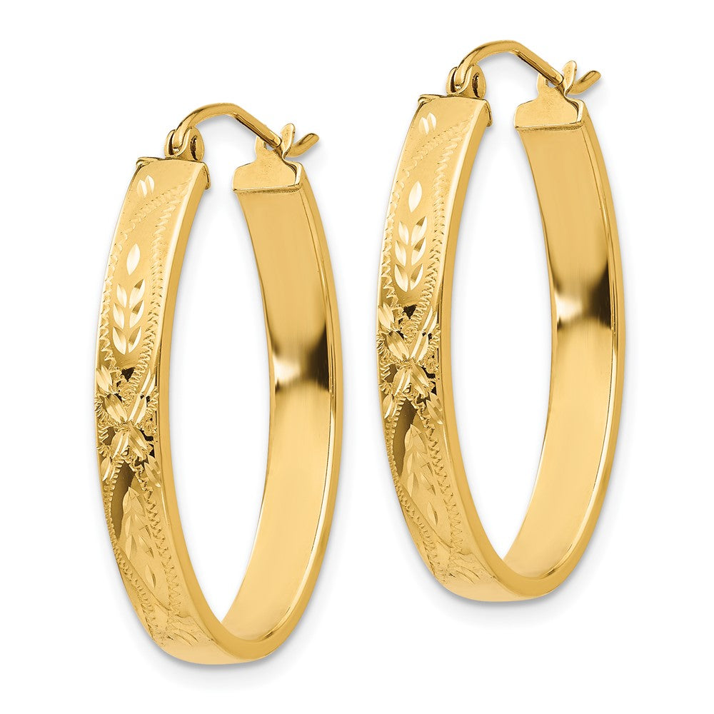 14K Yellow Gold Satin & Diamond Cut Oval Hoop Earrings