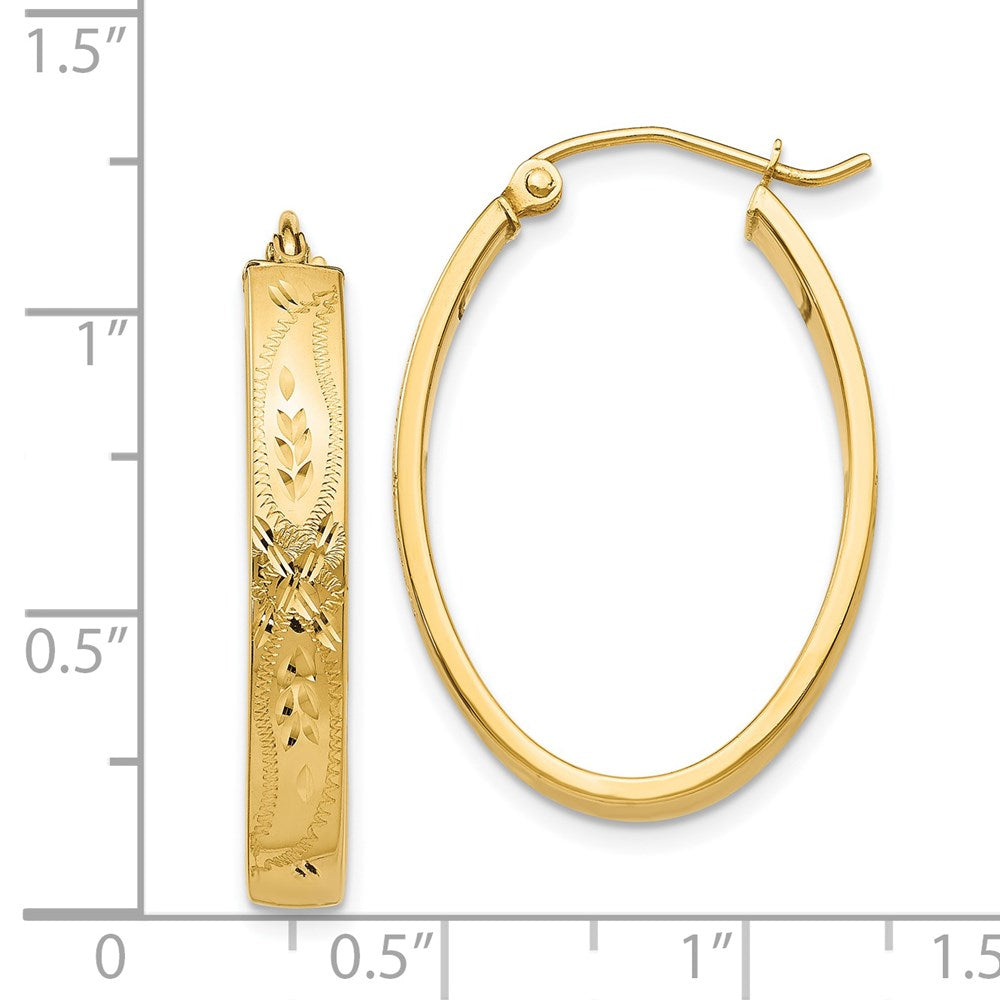 14K Yellow Gold Satin & Diamond Cut Oval Hoop Earrings