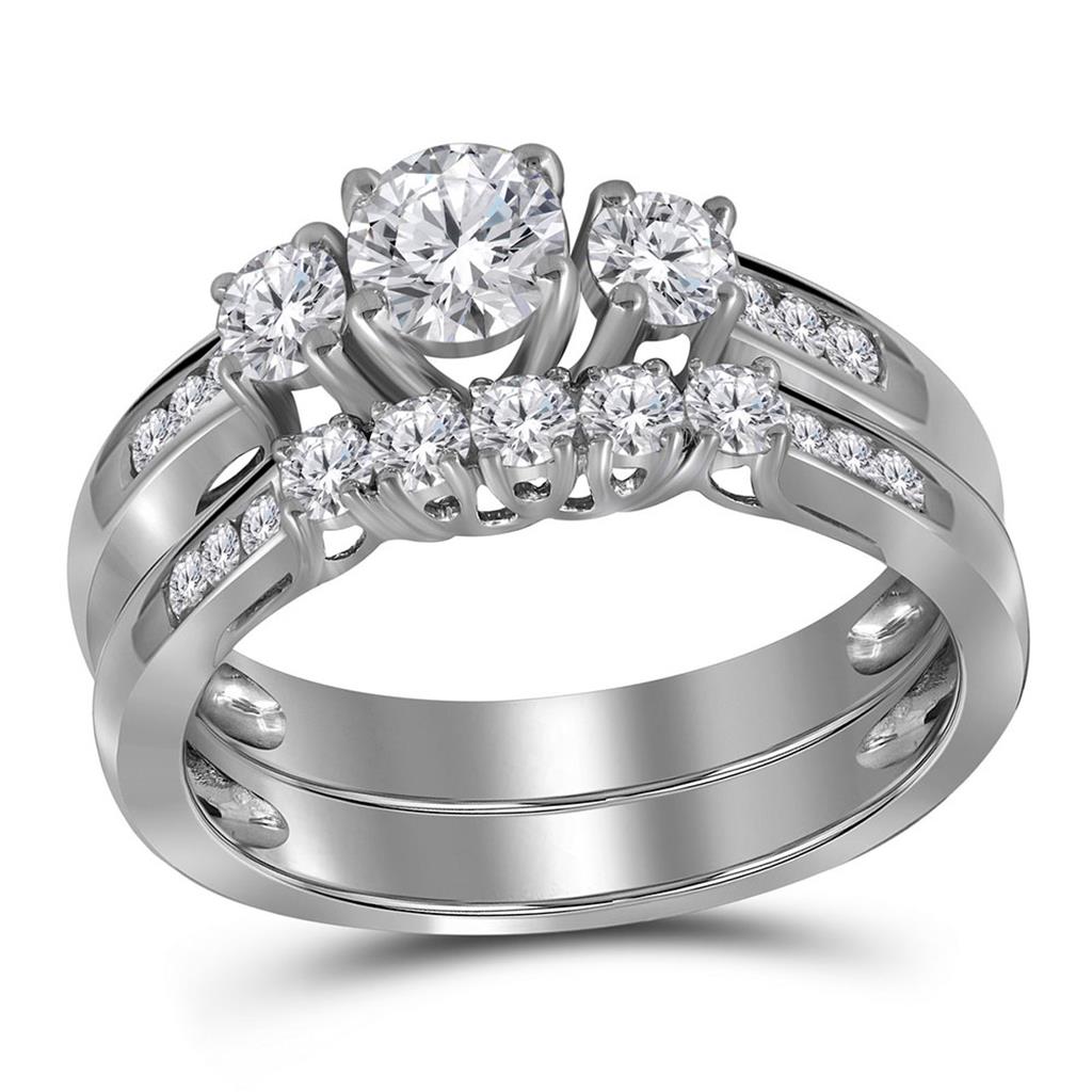 14k White Gold Round Diamond 3-Stone Bridal Wedding Ring Set 1 Cttw (Certified)