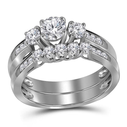 14k White Gold Round Diamond 3-Stone Bridal Wedding Ring Set 1 Cttw (Certified)