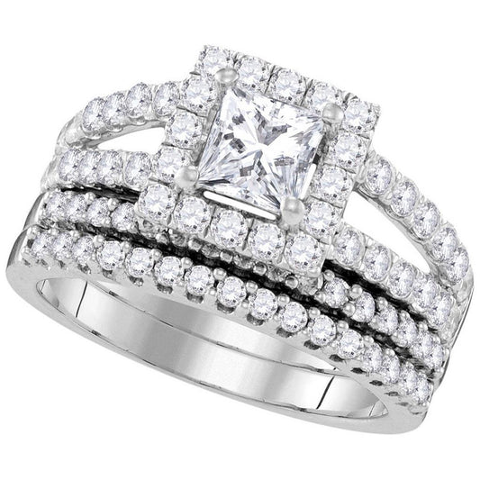 14k White Gold Princess Diamond Bridal Wedding Ring Set 3/4 Cttw