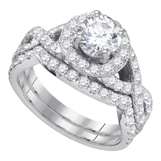 14k White Gold Round Diamond Halo Bridal Wedding Ring Set 2-1/5 Cttw